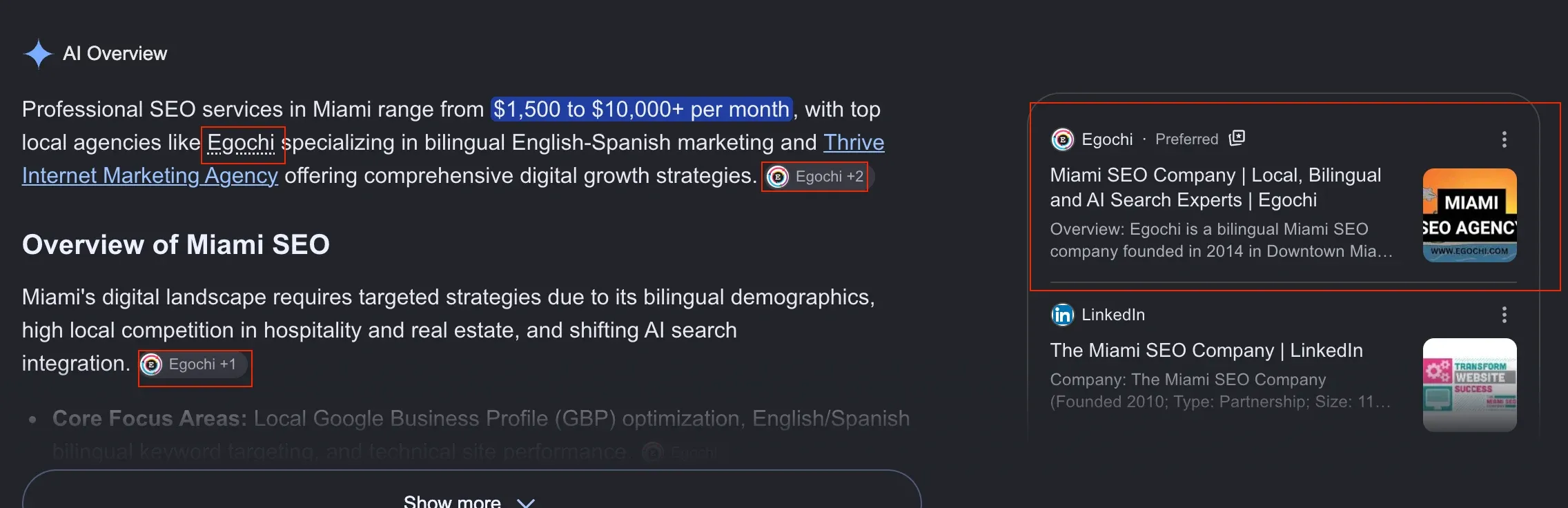 Google AI Overview for the search Miami SEO naming Egochi among the top local agencies, with two Egochi citation chips and the Egochi source card marked Preferred