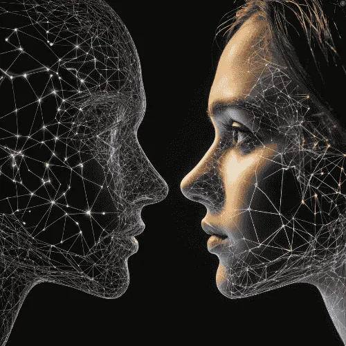 Human and AI profiles facing each other