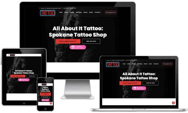 All About It Ink website on desktop, laptop, tablet, and phone