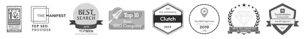 Earlier Egochi industry awards including The Manifest, TopSEOs, Best in Search, and Clutch 2019