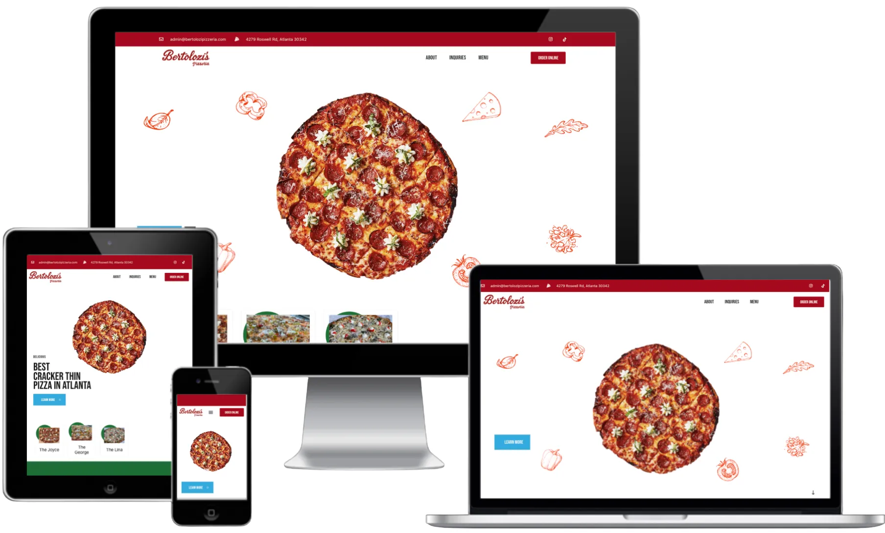 Bertolozi's Pizzeria website on desktop, laptop, tablet, and phone