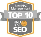FindBestSEO Top 10 PPC Management 2023 award badge