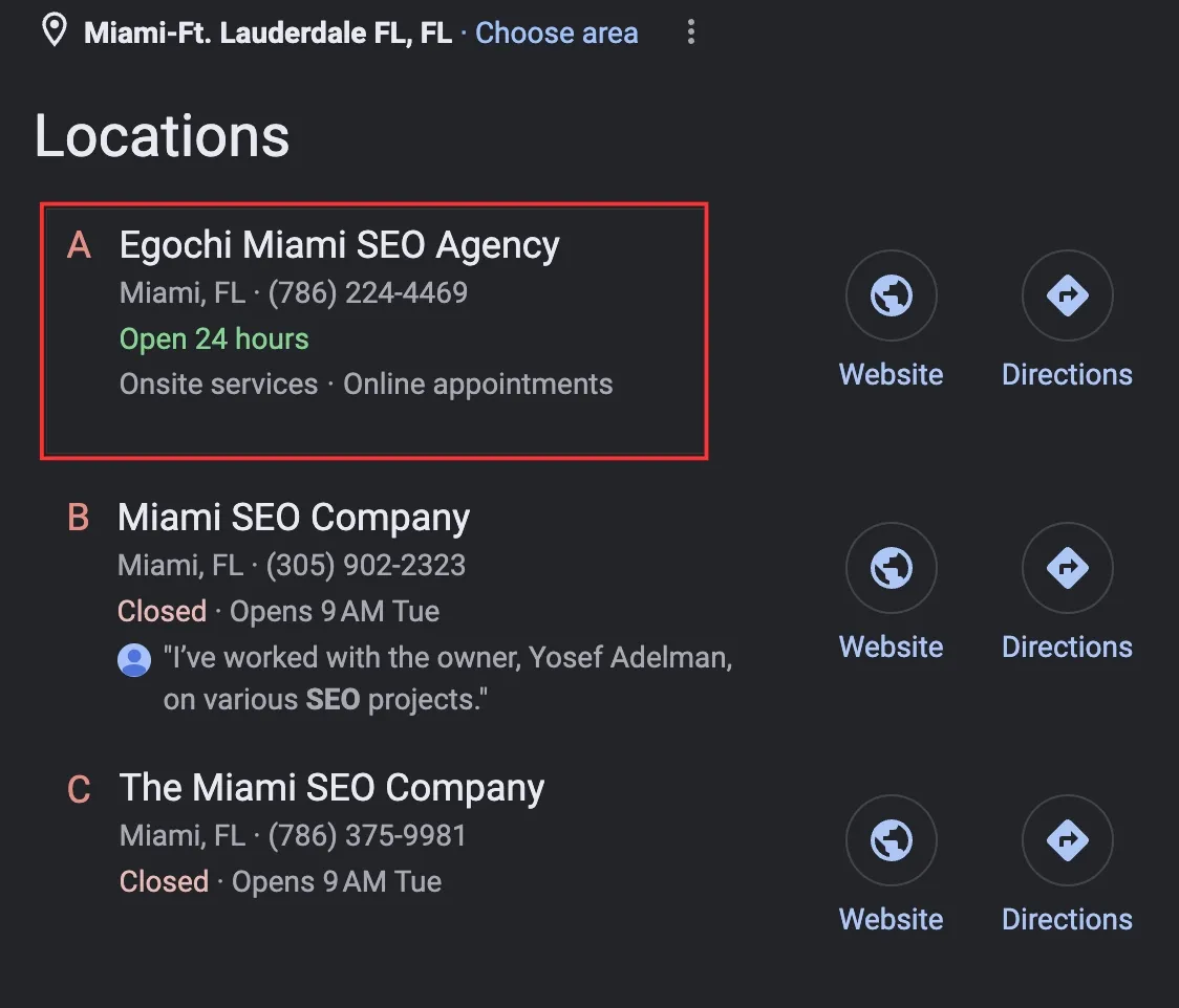 Egochi Miami SEO Agency ranking in the top Map Pack spot for the Miami-Fort Lauderdale area