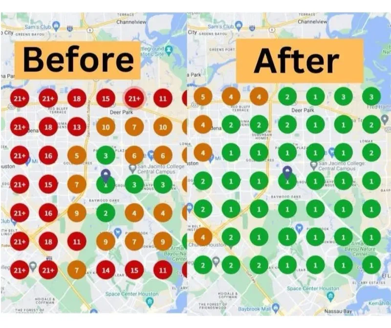 Before and after geo-grid rank tracking report for a client service area: mostly red positions of 15 and worse across the map before, mostly green top-3 positions after
