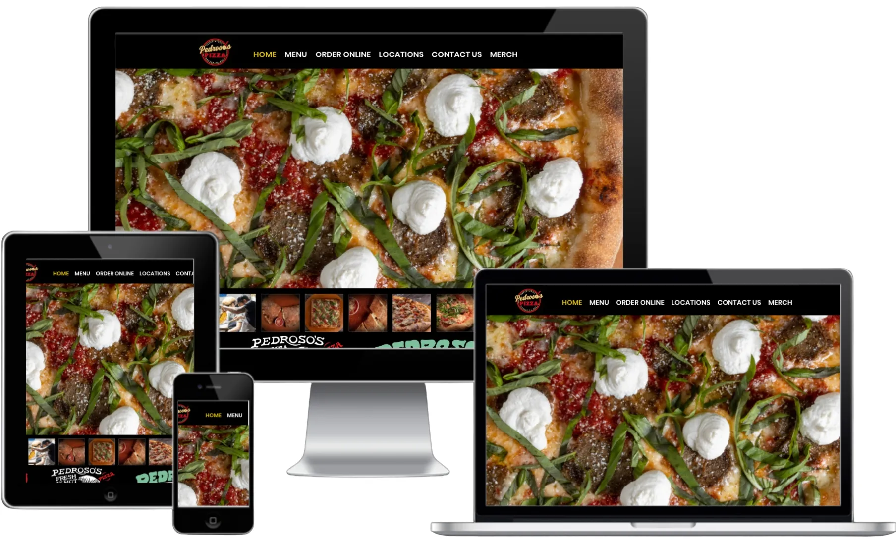 Pedroso's Pizza website on desktop, laptop, tablet, and phone