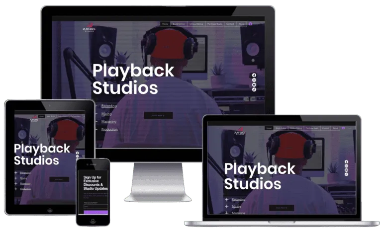 Playback Studios website on desktop, laptop, tablet, and phone
