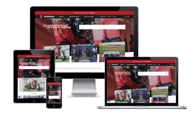 Rogers Athletic website on desktop, laptop, tablet, and phone