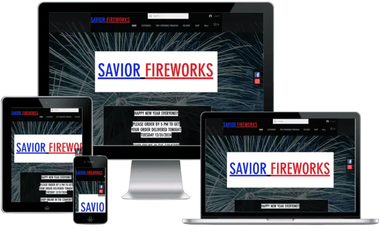Savior Fireworks website on desktop, laptop, tablet, and phone