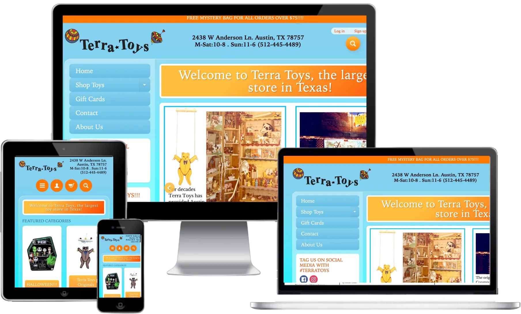 Terra Toys website on desktop, laptop, tablet, and phone