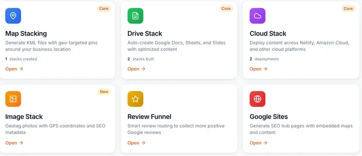 Egochi MapPack dashboard showing the map stacking, drive stack, image stack, and review funnel modules