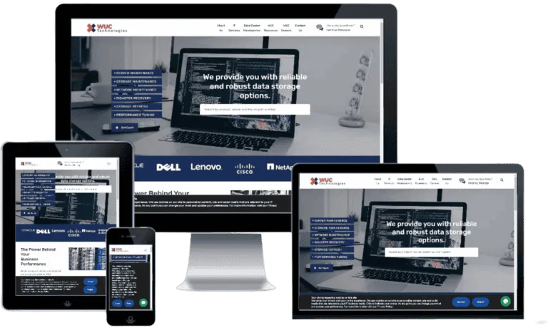 WUC Technologies website on desktop, laptop, tablet, and phone