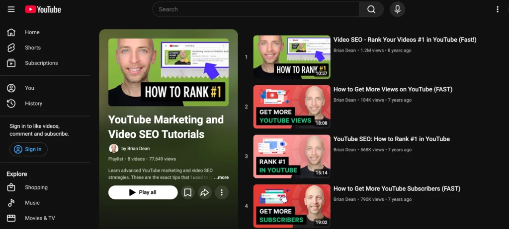 YouTube channel playlists organized by topic clusters