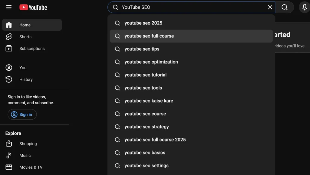YouTube autocomplete suggestions for keyword research